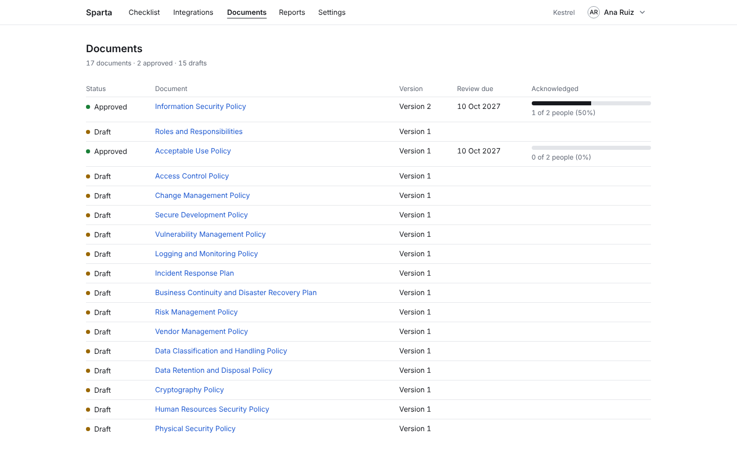 Sparta demo documents screen showing policy versions, approvals, review dates, and acknowledgements.