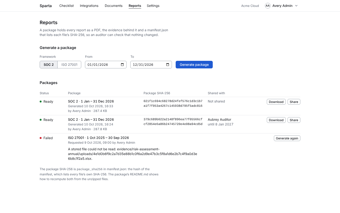 Sparta demo reports showing audit packages, integrity hashes, downloads, and auditor sharing.