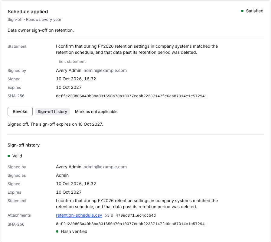 Sparta demo evidence screen showing an owner sign-off, expiry date, attachment, and verification hash.